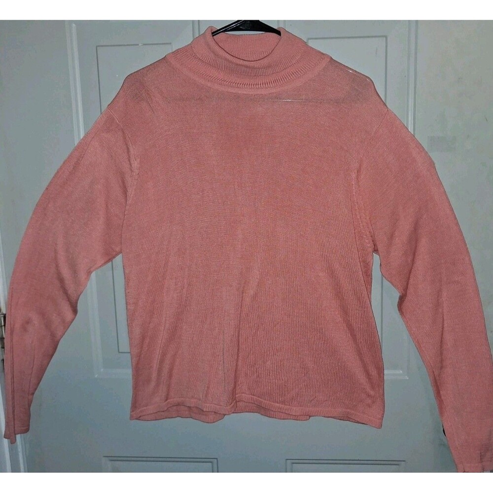 Herman Geist 100% Silk Mock Neck Sweater Salmon Pink Ribbed Knit L Large